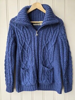 Aran Crafts Ireland Merino Wool Cable Knit Zip Up Sweater Blue Womens Medium